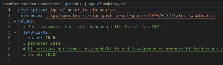Parameter example from OpenFisca Aotearoa showing 'Age of majority'